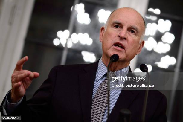 The Governor of California, Jerry Brown, speaks at a meeting with the Prime Minister of Baden-Wuerttemberg Winfried Kretschmann at the New Palace in...