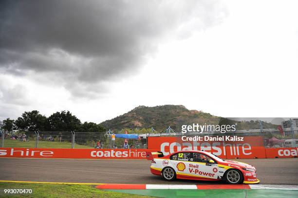 Fabian Coulthard drives the Shell V-Power Racing Team Ford Falcon FGX during practice for the Supercars Townsville 400 on July 6, 2018 in Townsville,...