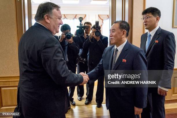 Secretary of State Mike Pompeo shakes hands with Kim Yong Chol , a North Korean senior ruling party official and former intelligence chief, for a...