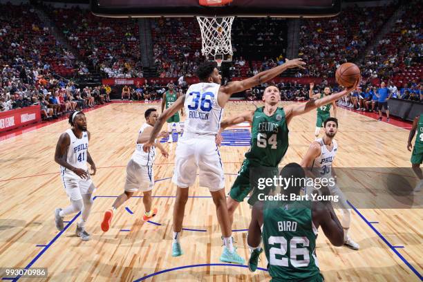 Jarrod Uthoff of the Boston Celtics shoots the ball against the Philadelphia 76ers during the 2018 Las Vegas Summer League on July 6, 2018 at the...