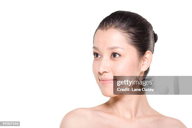 beauty shot of a young woman - natural portrait studio shot white background stock-fotos und bilder