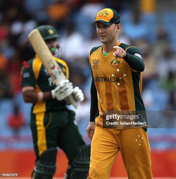 Michael Clarke of Australia sets a field during the semi final of the ICC World Twenty20 between Australia and Pakistan at the Beausejour Cricket...