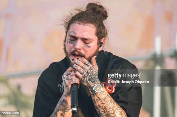 Post Malone performs on Day 1 of Wireless Festival 2018 at Finsbury Park on July 6, 2018 in London, England.