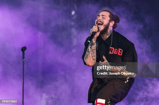 Post Malone performs on Day 1 of Wireless Festival 2018 at Finsbury Park on July 6, 2018 in London, England.