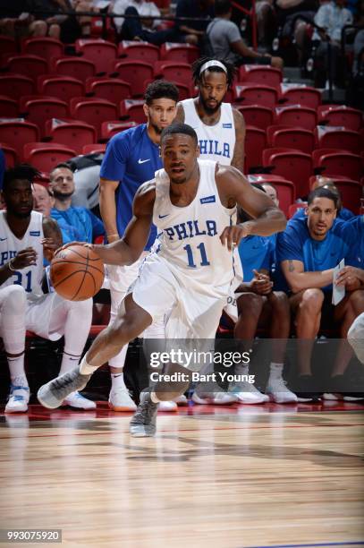 Demetrius Jackson of the Philadelphia 76ers handles the ball against the Boston Celtics during the 2018 Las Vegas Summer League on July 6, 2018 at...