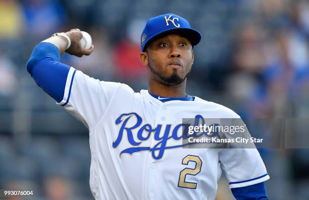 The Kansas City Royals' Alcides Escobar warms up before a game against the Boston Red Sox on Friday, July 6 at Kauffman Stadium in Kansas City, Mo.