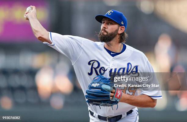 Kansas City Royals starting pitcher Jason Hammel throws against the Boston Red Sox on Friday, July 6 at Kauffman Stadium in Kansas City, Mo.