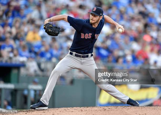 Boston Red Sox starting pitcher Chris Sale throws in the first inning against the Kansas City Royals on Friday, July 6 at Kauffman Stadium in Kansas...