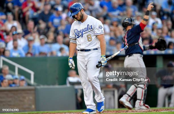 The Kansas City Royals' Mike Moustakas walks back to the dugout after striking out in the first inning against the Boston Red Sox on Friday, July 6...