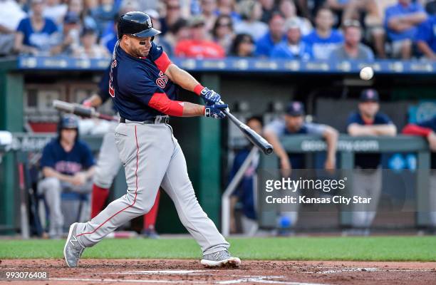The Boston Red Sox's Steve Pearce connects on a double in the second inning against the Kansas City Royals on Friday, July 6 at Kauffman Stadium in...