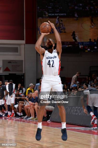 Aaron Harrison of the Washington Wizards shoots the ball against the Cleveland Cavaliers during the 2018 Las Vegas Summer League on July 6, 2018 at...