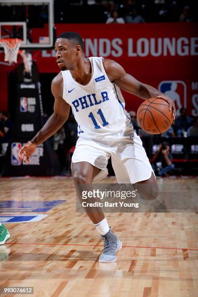 Demetrius Jackson of the Philadelphia 76ers handles the ball against the Boston Celtics during the 2018 Las Vegas Summer League on July 6, 2018 at...