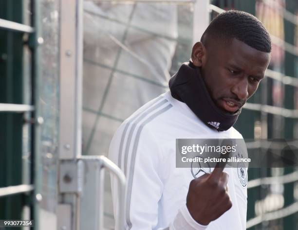 Germany's Antonio Rudiger arriving to the German national soccer squad's training at the Friedrich Ludwig Jahn sports park in Berlin, Germany, 08...