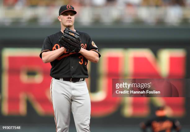 Dylan Bundy of the Baltimore Orioles reacts after giving up a two-run home run to Max Kepler of the Minnesota Twins during the fourth inning of the...