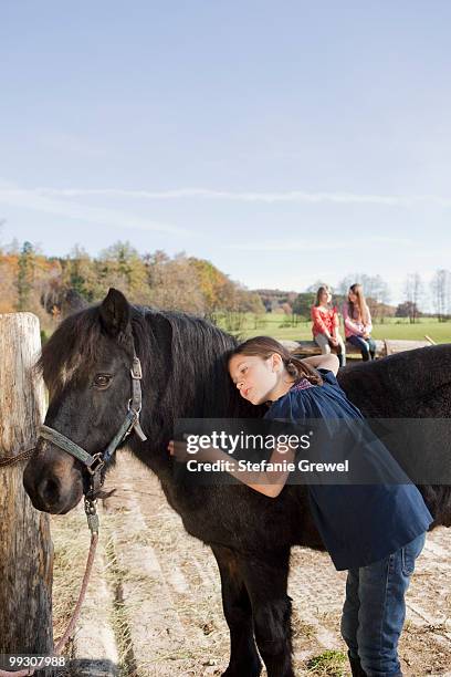 girl stroking a pony - dießen stock-fotos und bilder