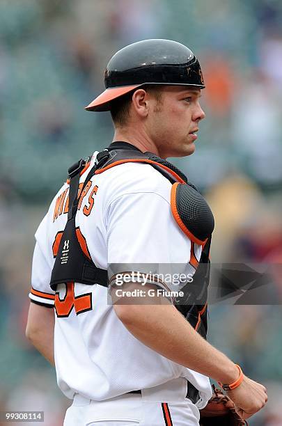 Matt Wieters of the Baltimore Orioles walks towards the dugout during the game against the Seattle Mariners at Camden Yards on May 13, 2010 in...