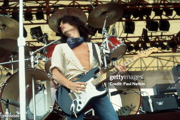 Joe Perry of the Joe Perry Project performs on stage during The Speedway Jam at the Rockford Speedway in Rockford, Illinois, July 27, 1980.