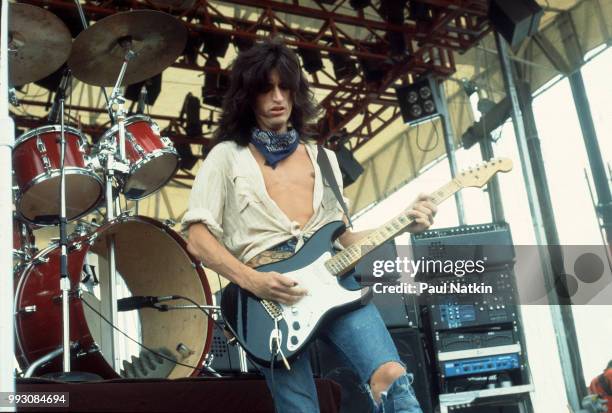 Joe Perry of the Joe Perry Project performs on stage during The Speedway Jam at the Rockford Speedway in Rockford, Illinois, July 27, 1980.