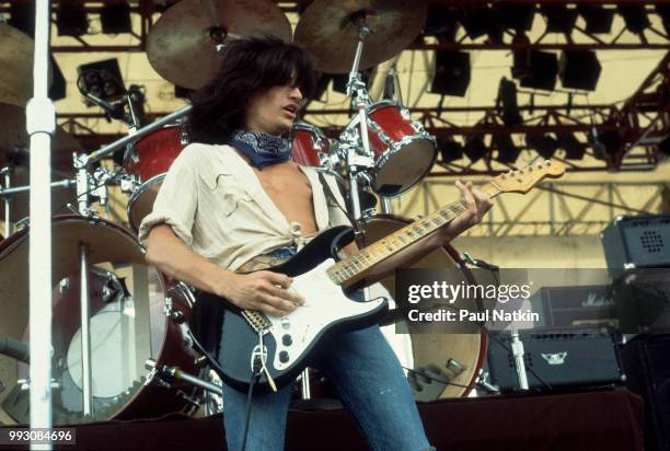 Joe Perry of the Joe Perry Project performs on stage during The Speedway Jam at the Rockford Speedway in Rockford, Illinois, July 27, 1980.