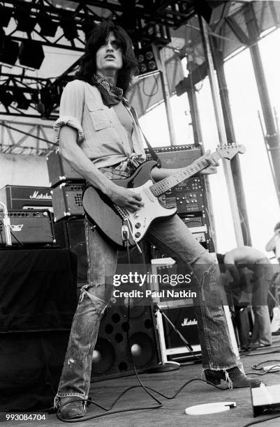 Joe Perry of the Joe Perry Project performs on stage during The Speedway Jam at the Rockford Speedway in Rockford, Illinois, July 27, 1980.