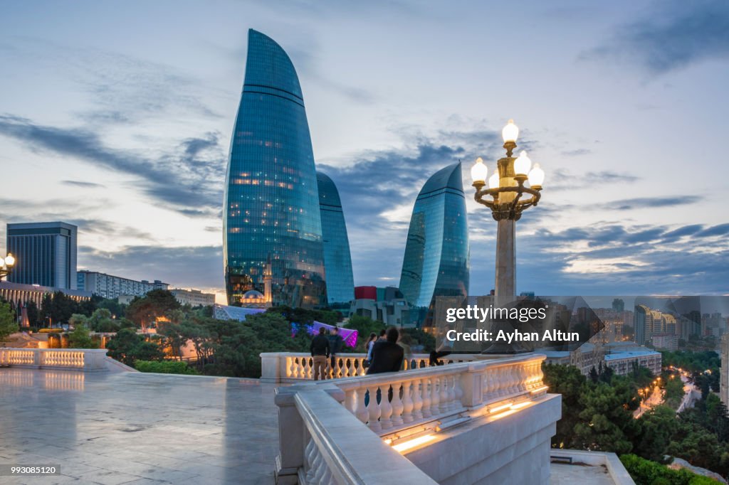 The Flame Towers at night seen from the Dagustu Park in Baku,Azerbaijan