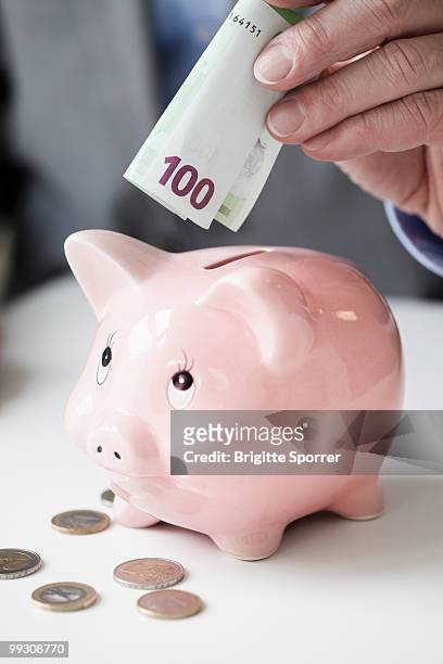 hand putting banknote into piggy bank - boomer banks fotografías e imágenes de stock