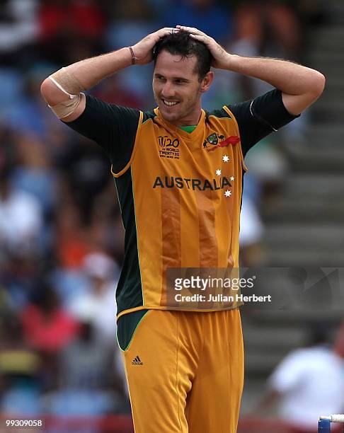 Shaun Tait of Australia looks despondent as runs are scored of his bowling during the semi final of the ICC World Twenty20 between Australia and...