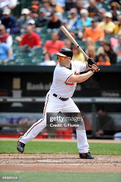 Luke Scott of the Baltimore Orioles bats against the Seattle Mariners at Camden Yards on May 13, 2010 in Baltimore, Maryland.