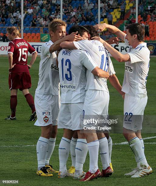 Players of PFC CSKA Moscow celebrate after scoring a goal during the Russian Football League Championship match between FC Rubin Kazan and PFC CSKA...