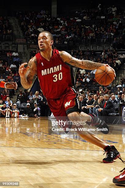 Michael Beasley of the Miami Heat drives the ball up court during the game against the Charlotte Bobcats at Time Warner Cable Arena on March 9, 2010...