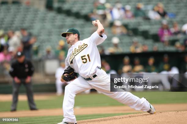 Dallas Braden of the Oakland Athletics pitching during the game against the Tampa Bay Rays at the Oakland Coliseum on May 9, 2010 in Oakland,...