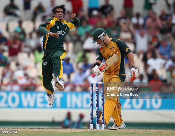 Mohammad Aamer of Pakistan celebrates the wicket of David Warner of Australia during the ICC World Twenty20 semi final between Australia and Pakistan...