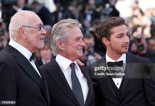 Frank Langella with Michael Douglas and Shia Lebeouf attend the "Wall Street: Money Never Sleeps" Premiere at the Palais des Festivals during the...