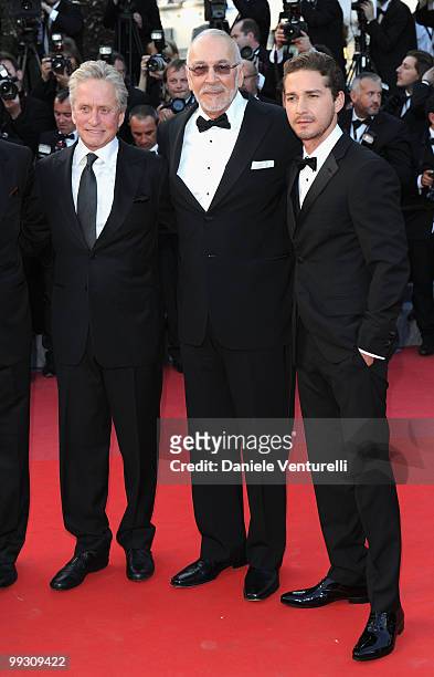 Actors Michael Douglas, Frank Langella and Shia LaBeouf attend the Premiere of 'Wall Street: Money Never Sleeps' held at the Palais des Festivals...