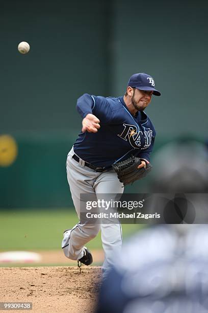 James Shields of the Tampa Bay Rays pitching during the game against the Oakland Athletics at the Oakland Coliseum on May 9, 2010 in Oakland,...