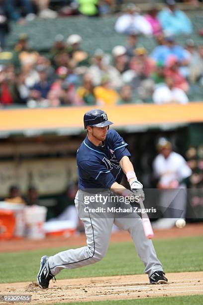 Ben Zobrist of the Tampa Bay Rays hitting during the game against the Oakland Athletics at the Oakland Coliseum on May 9, 2010 in Oakland,...
