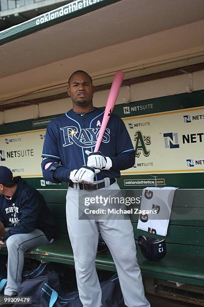 Carl Crawford of the Tampa Bay Rays standing in the dugout prior to the game against the Oakland Athletics at the Oakland Coliseum on May 9, 2010 in...