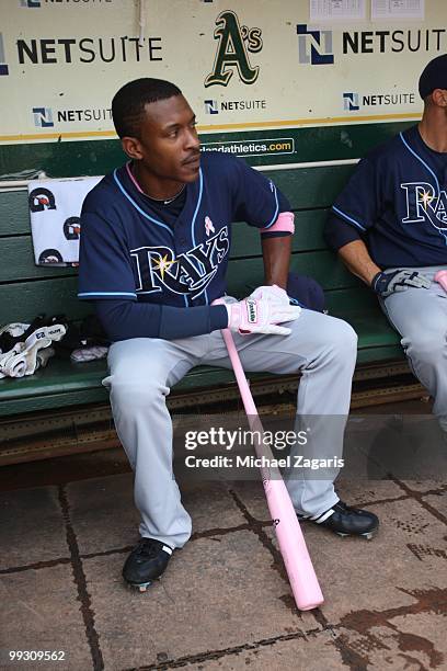 Upton of the Tampa Bay Rays sitting in the dugout prior to the game against the Oakland Athletics at the Oakland Coliseum on May 9, 2010 in Oakland,...