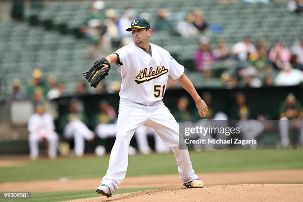 Dallas Braden of the Oakland Athletics pitching during the game against the Tampa Bay Rays at the Oakland Coliseum on May 9, 2010 in Oakland,...