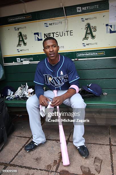 Upton of the Tampa Bay Rays sitting in the dugout prior to the game against the Oakland Athletics at the Oakland Coliseum on May 9, 2010 in Oakland,...