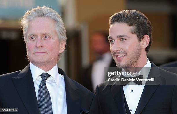 Actors Michael Douglas and Shia LaBeouf attend the Premiere of 'Wall Street: Money Never Sleeps' held at the Palais des Festivals during the 63rd...