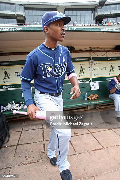 Upton of the Tampa Bay Rays standing in the dugout prior to the game against the Oakland Athletics at the Oakland Coliseum on May 9, 2010 in Oakland,...