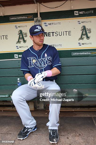 Ben Zobrist of the Tampa Bay Rays sitting in the dugout prior to the game against the Oakland Athletics at the Oakland Coliseum on May 9, 2010 in...