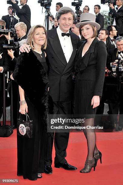 Journalist Patrick de Carolis, his wife and guest attend the Premiere of 'Wall Street: Money Never Sleeps' held at the Palais des Festivals during...