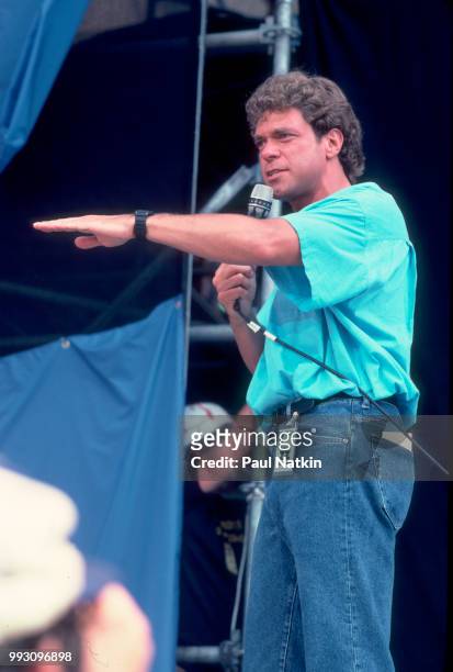 Comedian Joe Piscopo acts as a stage announcer at Live Aid at Veteran's Stadium in Philadelphia, Pennsylvania, July 13, 1985.