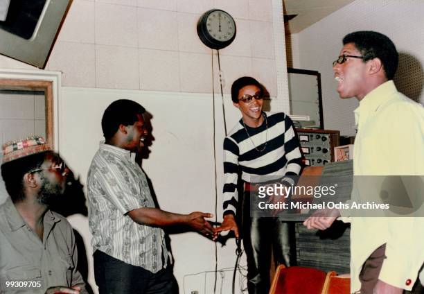 South African jazz trumpeter Hugh Masekela records at Gold Star studios in June 1967 in Los Angeles, California.