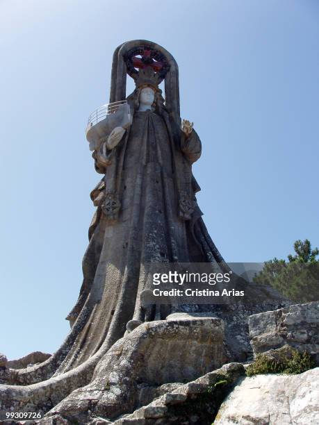 Monumental sculpture of the Virgen de la Roca by the arquitec Antonio Palacios in Baiona, Ria de Vigo, Rias Bajas, Pontevedra, Galicia, Spain, July...