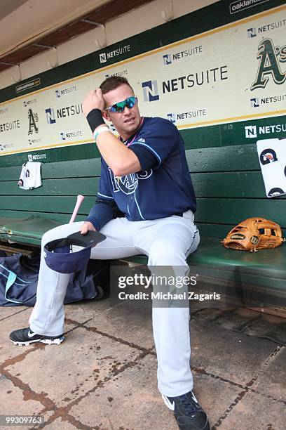 Evan Longoria of the Tampa Bay Rays sitting in the dugout prior to the game against the Oakland Athletics at the Oakland Coliseum on May 9, 2010 in...