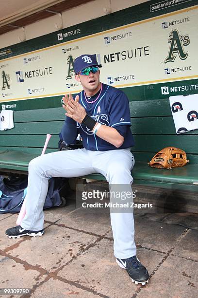 Evan Longoria of the Tampa Bay Rays sitting in the dugout prior to the game against the Oakland Athletics at the Oakland Coliseum on May 9, 2010 in...