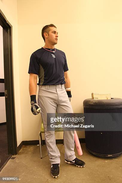Evan Longoria of the Tampa Bay Rays standing in the indoor batting cages prior to the game against the Oakland Athletics at the Oakland Coliseum on...